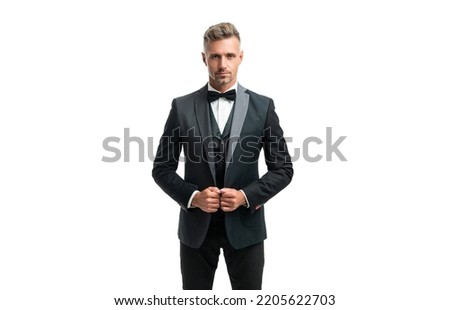 man in bow tie suit. businessman isolated on white. formal wear concept Royalty-Free Stock Photo #2205622703
