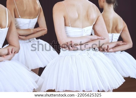 Ballet, dance and art with back of women on stage for performance, theatre and training. Creative, motivation and dancing with elegant ballerina dancer for classical show, recital and movement Royalty-Free Stock Photo #2205625325