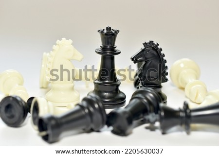 In the picture, chess pieces, a queen, a black knight are standing, and the round and pawns are on the table.