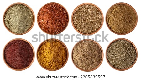 Set spice, caribbean mix seasoning, spicy chili pepper flakes, coriander seeds, Tikka  masala spice powder mix, sumac, caribbean curry pile, milled linseed, Anise seeds isolated on white, top view Royalty-Free Stock Photo #2205639597