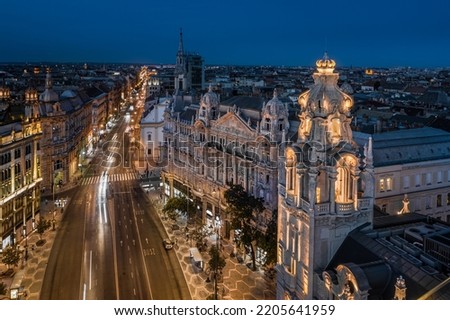 Budapest, Hungary - Aerial view of Ferenciek tere (Square of the Franciscans) at dusk. This view includes illuminated Matild Palace, Klotild Palace, Kossuth Lajos street and other famous buildings.  Royalty-Free Stock Photo #2205641959