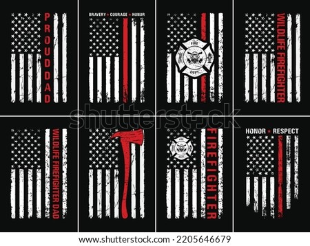 American Firefighter Design Template. Firefighter With USA Flag T Shirt Design Bundle Royalty-Free Stock Photo #2205646679