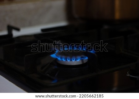  Flames of gas. Closeup shot of blue fire from domestic kitchen stove top. Gas cooker with burning flames of propane gas. Industrial resources. High quality photo.