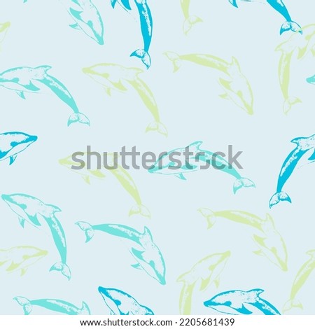 Seamless pattern with cute dolphins in cartoon doodle style.  Marine theme, ocean. Summer graphic design pattern with cute fishes. Vector.