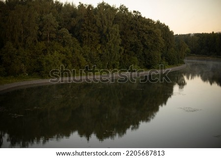 Lake in city. Pond in evening. Natural object in park. Forest reflection in water. City park.