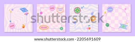 Vector set of cute funny templates with frames,patches,stickers in 90s style.Modern symbols in y2k aesthetic with text.Trendy groovy designs for banners,social media marketing,branding,packaging,cover Royalty-Free Stock Photo #2205691609
