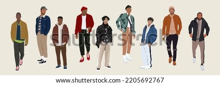 Street fashion men vector realistic illustration. Young men wearing trendy modern street style outfit standing and walking. Cartoon style vector illustration isolated on white background.