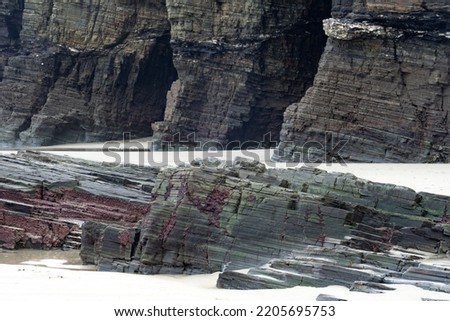 Close up of the cliffs and caves of the As Catedrais beach (Cathedrals beach). Lugo, Galicia, Spain Royalty-Free Stock Photo #2205695753