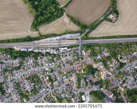 Aerial View of Train Tracks at Local Station of England and Countryside.