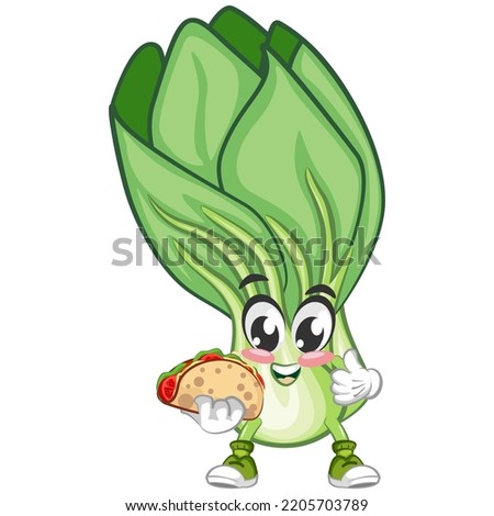 vector illustration of vintage cartoon character of lettuce Bok choy with delicious tacos