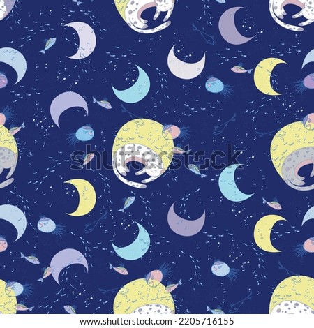 seamless pattern, sleeping cat, cat sleep, swimming fish, night