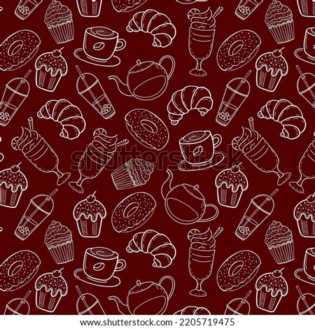 Pastry and coffee seamless pattern in doodle engraved sketch style. Baked goods: donuts, muffins, croissants. Latte, espresso, cappuccino, americano, mocha. For menu,coffee shop,cafe,bakery,restaurant