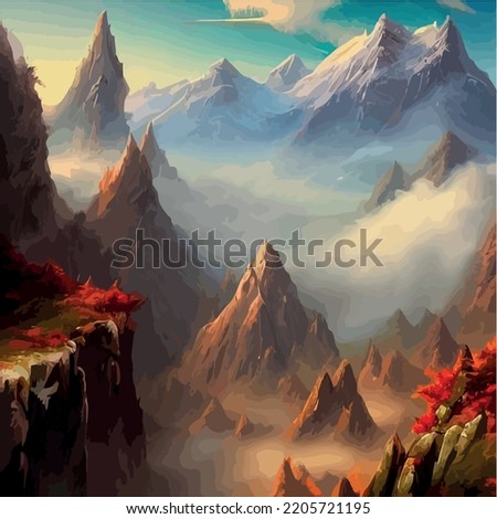 Realistic illustration of a mountain landscape with hills and coniferous forest under retro. Smoke mountains. vector landscape for your design. Magic hill silhouette.