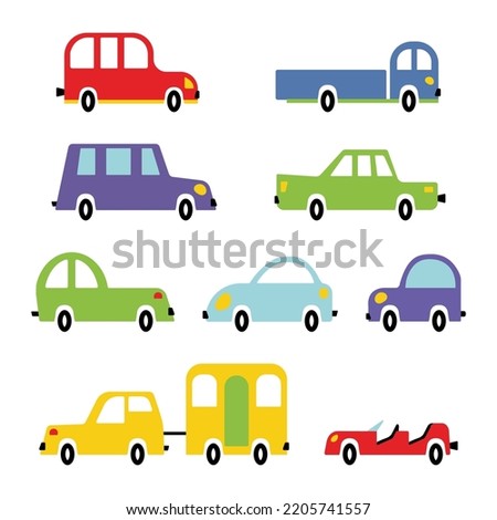 Set of transportation icon for kids. Car symbol, trailer, cabriolet, truck, SUV. Bright city road clip art for cheerful kindergarten decor. Vehicle sign for infant design. Vector cartoon illustration.