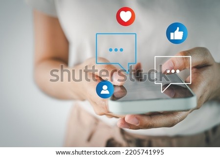 Social Media,Digital Online,work from home,Social Distancing Concept.,Woman Using smart phone with social media icon.