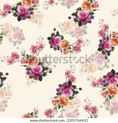 Beautiful Flower Pattern, Floral Seamless Digital Design,Watercolor Textile Allover Abstract Design.Wallpaper On Background Royalty-Free Stock Photo #2205766431