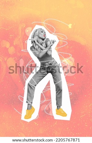Photo artwork minimal picture of smiling happy lady dancing having fun isolated drawing background