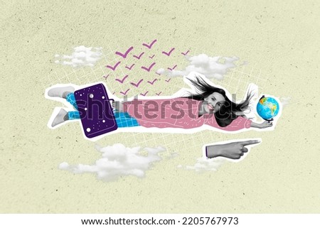 Photo artwork minimal picture of lady flying sky round world trip isolated drawing background