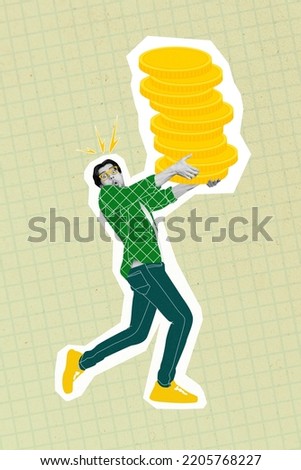 Photo cartoon comics sketch picture of impressed funny guy holding big coins stack isolated drawing background