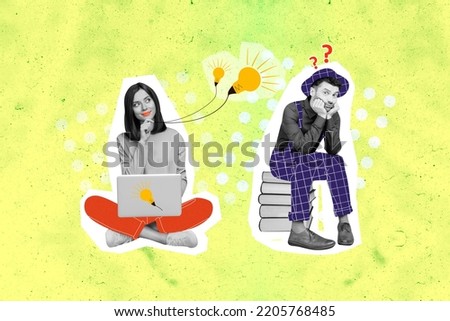 Collage 3d image of pinup pop retro sketch of smart clever lady networking clueless man sitting book pile stack isolated painting background Royalty-Free Stock Photo #2205768485
