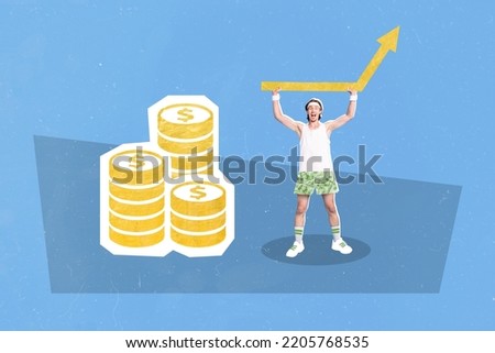 Collage photo of young funny miniature guy hold line raising up profit economic finance much money isolated on painted blue color background