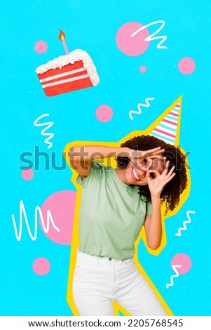 Artwork magazine picture of funky happy smiling american lady having fun celebrating birthday isolated drawing background