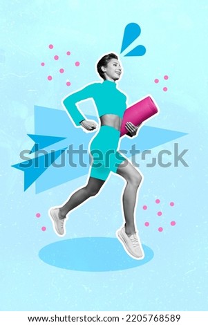 Vertical collage image of sporty excited girl black white colors running hold fit mat isolated on creative background