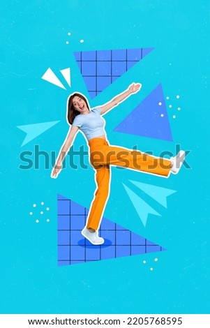 Vertical collage image of excited positive girl walk have good mood isolated on painted background