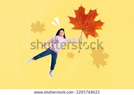 Composite collage picture of cheerful little girl arm hold huge maple leaf flying isolated on painted background