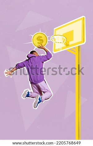 Vertical collage picture of sportive guy jumping throw money coin instead ball inside basket isolated on creative background