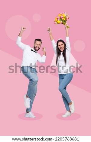 Vertical collage portrait of two excited positive married people raise fists celebrate delighted isolated on pink background