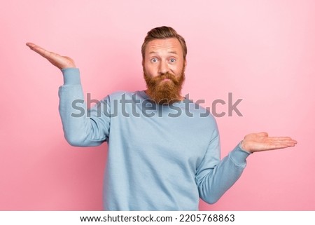 Portrait of young person arms hold empty space vs scales demonstrate benefit isolated on pink color background