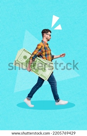 Collage photo of young attractive serious man walk hold money stack isolated on blue color background