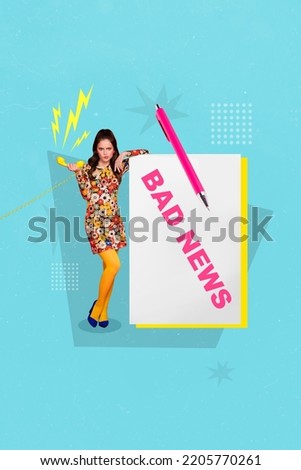 Creative trend collage of millennial lady hold retro vintage telephone handset bad news text trouble problem reporter drawing background