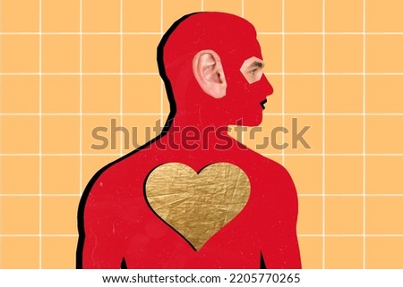 Collage photo of young abstract painted red man side profile look empty space heart love ear eyes human isolated on plaid yellow background