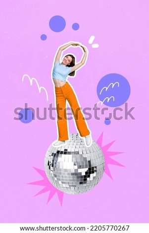 Vertical collage picture of cheerful satisfied girl dancing stand big disco ball enjoy free time isolated on creative background