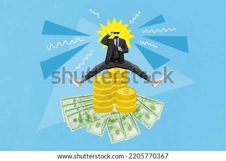 Creative photo collage illustration of black white headless guy siting on dollar coins banknotes hold sunglass sun instead of head