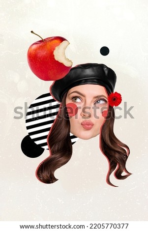 Vertical collage illustration of minded girl face head look interested fresh apple isolated on painted background