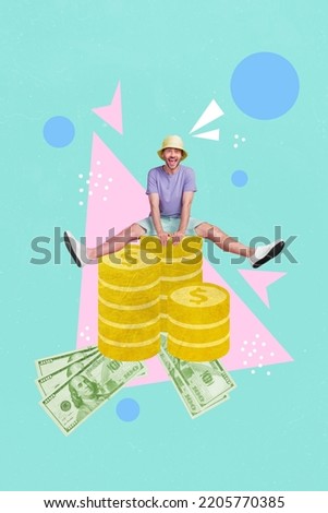 Vertical collage picture of excited overjoyed guy sitting huge pile stack money coins isolated on creative background
