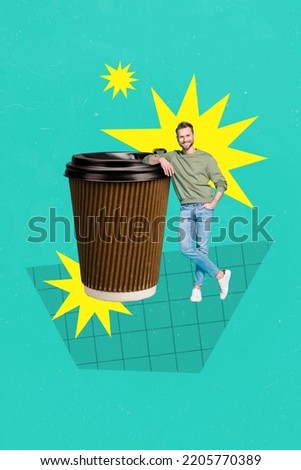 Vertical collage image of cheerful guy huge plastic coffee cup isolated on drawing creative background