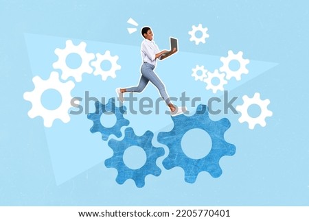 Creative collage picture of mini person running use wireless netbook maintenance settings symbol isolated on painted background