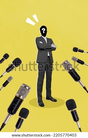 Vertical collage picture of unknown secret person folded arms journalists microphones isolated on yellow background Royalty-Free Stock Photo #2205770403