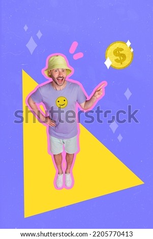 Vertical composite collage of excited cheerful guy indicate finger money coin isolated on drawing background