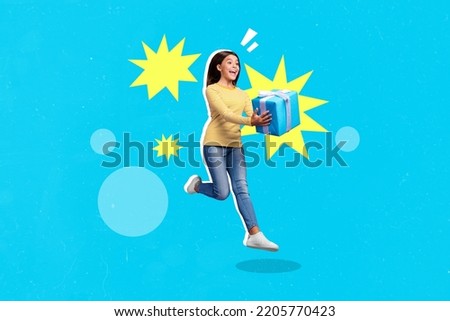 Creative collage image of excited cheerful small girl jump hands hold giftbox isolated on painted blue background
