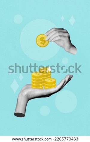 Vertical collage illustration of two human arms black white effect hold give money coins isolated on creative background