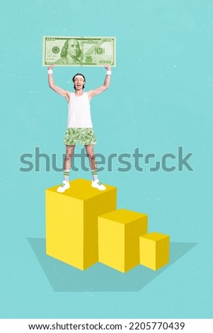 Vertical collage picture of excited overjoyed guy stand pedestal hands hold big dollar banknote bill isolated on drawing background