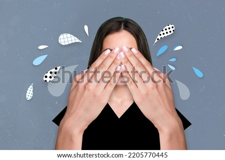 Composite collage picture of unsatisfied crying girl arms cover eyes painted tears isolated on creative background