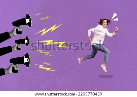 Composite collage illustration of overjoyed positive girl running away hands hold loudspeakers isolated on purple background