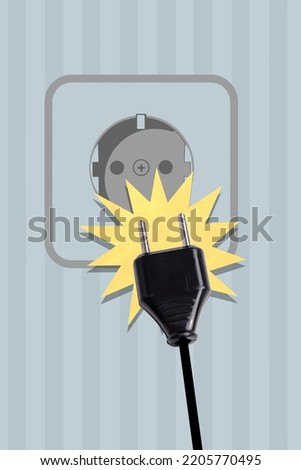 Vertical collage illustration of electric socket plug drawing spark isolated on painted creative background