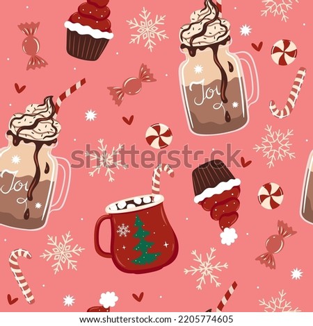 Seamless pattern with winter drinks and sweets. Vector graphics.